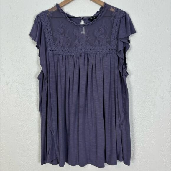 NWT Torrid Knit Lace Inset Flutter Sleeve Top in Heron Heather Blue Plus Size 4 - Picture 3 of 4